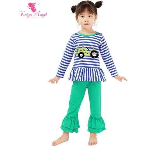 Kaiya Angel Kids Girl Clothes Set Children Boutique Outfit Toddler Girl Clothing Back To School Stripe Blue School Bus outfits