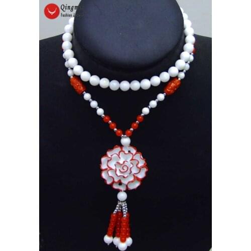 Qingmos Fashion 40mm Red Ceramics Flower Pendant Necklace for Women Tridacna White Shell Giant Clam Long Necklace 26" Sweater