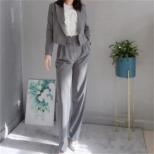 Fashion suit suit women 21 spring / summer New superior quality grey short casual coat + high waist pants professional ol Sets