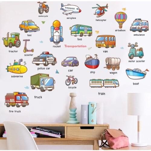 Cartoom 3D Early Education Cars Plane Ship Words Wall Decor Decal For Bedroom Kid Room Transportation Poster Mural Wall Stickers