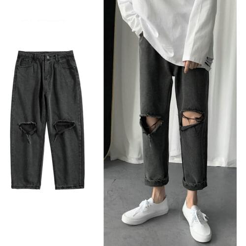 Men Streetwear Ripped Jeans 2021 Black Blue Hole Jeans Korean Fashions Straight Loose Harem Pants Male Denim Pants Plus 5XL-M