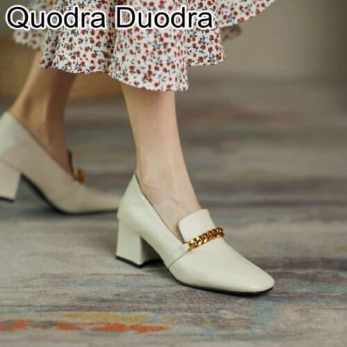 PU new shoes Womens Pumps chunky thick high heels pointed toe casual Big Size 43 33 fashion All Match slippers chain elegant