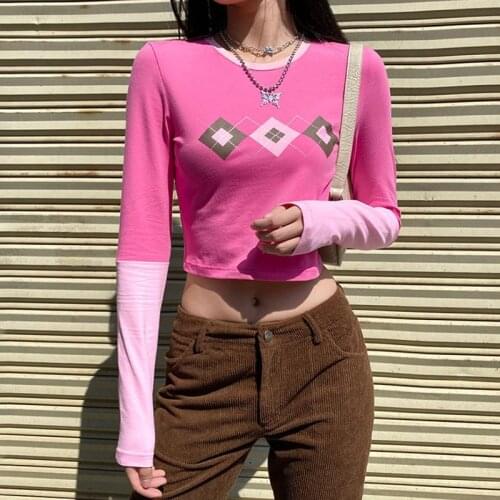 Pink Color Block Crop Y2K Tops T-Shirts Women Geometric Print Kawaii E Girl Long Sleeve Patchwork Tee Shirt Punk Grunge Clothes