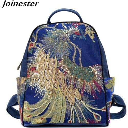 Women Canvas Backpack Cotton Shoulder Bag Mochila Girls Vintage Daypack Ladies Embroidered Sequins Rucksack Casual Travel Bag