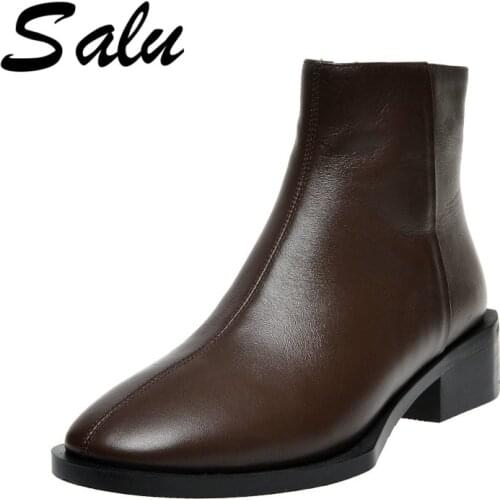 Salu Female Quality Genuine Leather Short Chelsea Boots Elegant Dancing Shoes Woman Warm Square Heel Women Ankle Boots