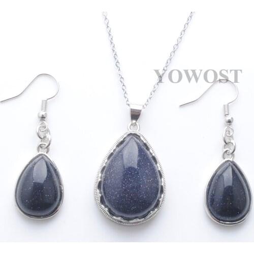 Natural Blue Sand Stone Teardrop Shape Beads Earrings Dangle Pendant for Women Popular Jewellery Gift Necklace Chain 45cm QQ3089