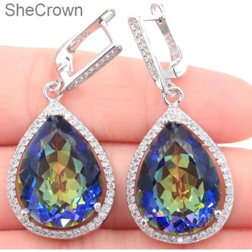 43x19mm Big Drop 17g Created Fire Rainbow Mystic Topaz White CZ Womans Gift Silver Earrings