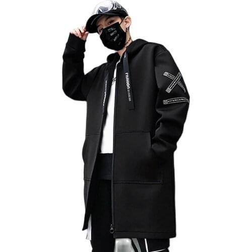 Autumn Winter Slim Long Trench Coat Men Letter Print Military Style Hooded Overcoat Black Hip Hop Streetwear Mens Jacket