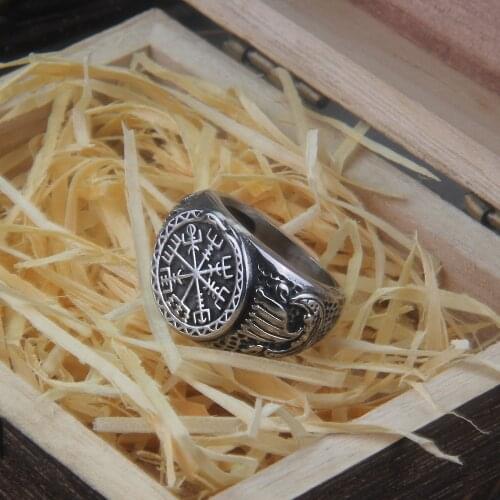 Vikings Jewelry Stainless Steel Vegvísir with Ouroboros Ring Viking Boat never fade with wooden box as men gift