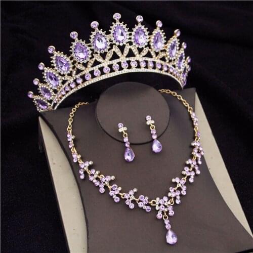 Gorgeous Violet Crystal Bridal Jewelry Sets Tiaras Earrings Necklaces Set for Women Wedding Party Crown Necklaces Earring Set