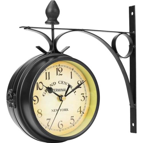 Vintage Double Sided Round Wall Mount Station Clock Garden Retro Home Decor Metal Frame + Glass Dial Cover for Gift