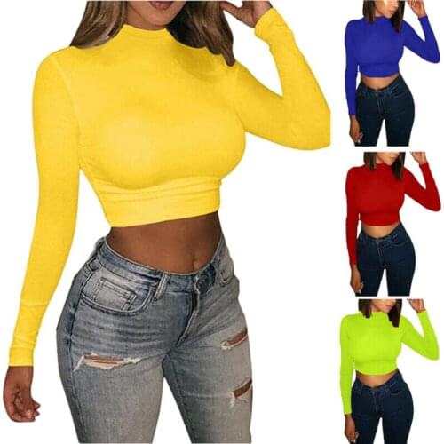 Women Long Sleeve Crew Neck T-shirts Casual Solid Color Crop Tops Ladies Autumn Basic Tee Tops Red Blue Green Yellow