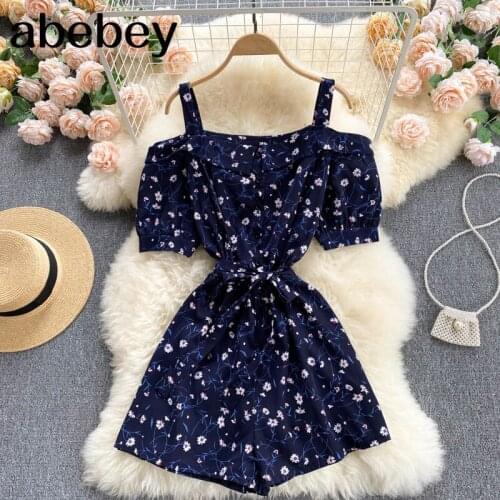 Women Korean Floral Rompers Sexy Off Shoulder Ruffles Wide Leg Jumpsuits Summer Casual Bohemian Vacation Short Rompers