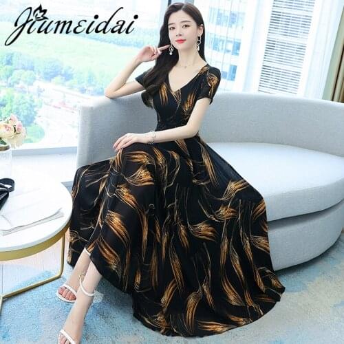 JiuMeiDai 2021 Women Summer Elegant A-Line Dress Office Lady Party Print Robe Femme Vintage Designer Chiffon Clothing Vestidos