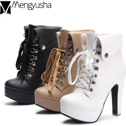 Platform high heels lace up riding boots women genuine leather cross-tied ankle botas thick bottom zapatos feminino winter shoes