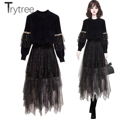 Trytree 2020 Autumn Winter Two Piece Women Set Ruffles Mesh Sleeve Sweater + Elastic Waist Cascading Ruffles Skirt 2 Piece Suit