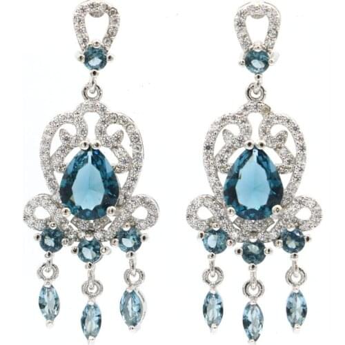 38x21mm Gorgeous Rich Blue Violet Tanzanite White CZ Ladies Wedding 925 Sterling Silver Earrings