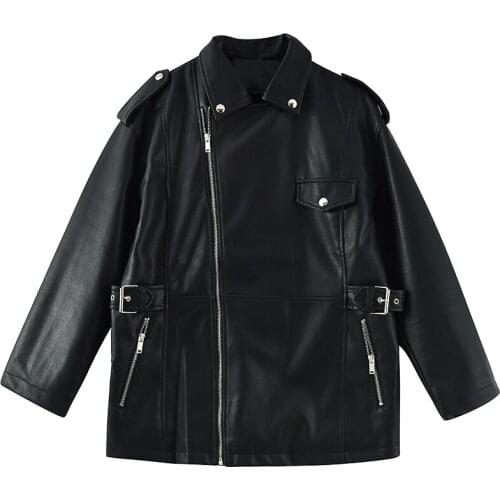 2021 Spring Autumn Vintage Casual Loose Long sleeve Plus size Lapel Faux Leather Jacket Black Beige Pink Streetwear Biker Jacket