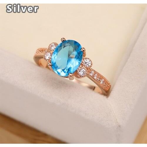 Best selling European and American S925 silver plated rose gold wedding ring zircon lady sea blue goose egg crystal jewelry