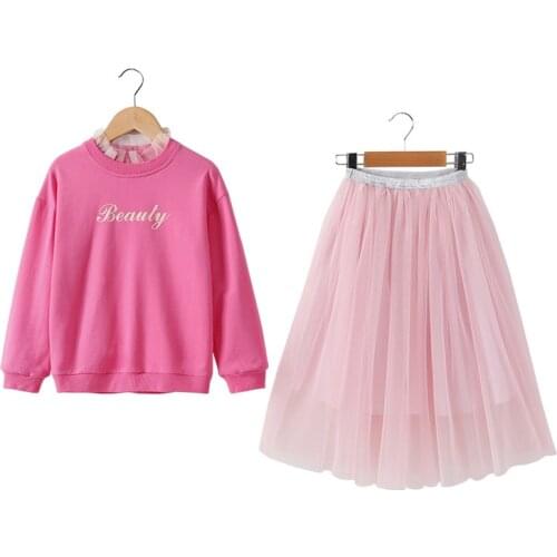 Fashion Girls Clothing Set Fall Children Cotton Skirts Set Rose Sweatshirts + Lacework Skirts Baby Outfits Kids 6-12Yrs Clothes