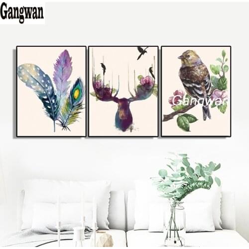 Full Diamond Painting DIY 5D Cross Stitch feather/elk deer/bird Diamond Embroidery Patterns rhinestones Mosaic 3 pcs Decoration