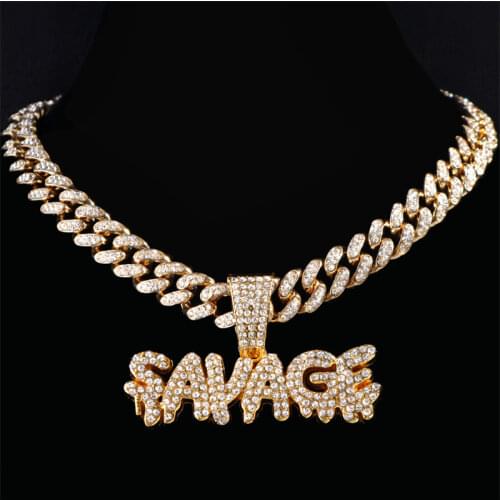 Hip Hop Savage Letter Necklace & Pendant With Iced Out Big Miami Cuban Link Chain Choker Jewelry Accessories For Men