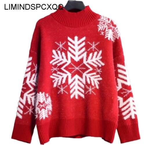 2021 Christmas Half Turtleneck Mink Sweater Women Loose Pullover Clothing Autumn Winter Christmas Wind Snowflake Warm Tops Loose