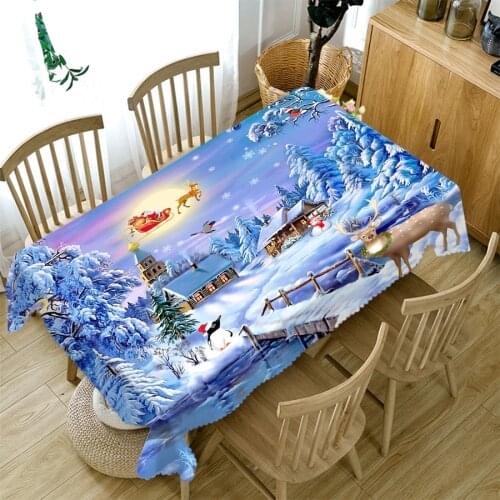 3d Christmas Tablecloth Snow Santa and Elk Pattern Thick Cotton Cloth Rectangular Round Table Cloth for Christmas