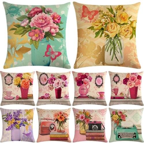 Comfortable Linen Oil Painting Cushion Cover Floral Pillow Cover Rose Home Sofa Decorative Pillowcases 45x45cm Mothers Day Gift