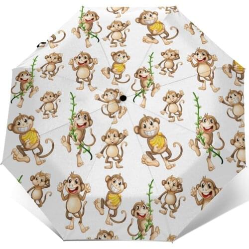 Wind Resistant Fully-Automatic Umbrella Happy Monkey Rain 3 Folding Parasol Travel Car Umbrella