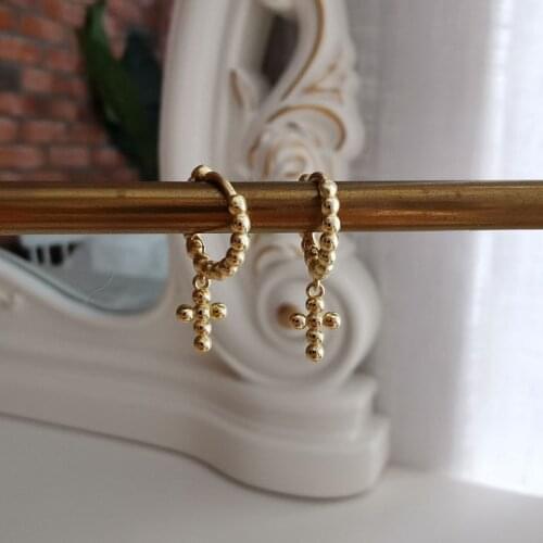 VSnow Minimalist Round Bead Cross Hoop Earring for Women Girls Delicate Gold Color Vintage Metallic Earring Jewelry Pendientes