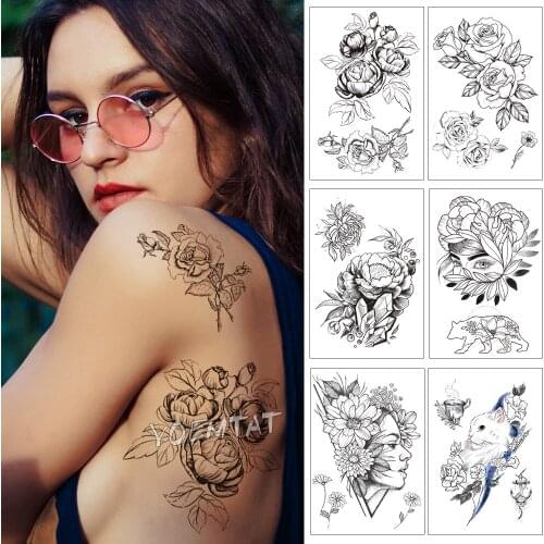 Jewelry Diamond Rose Waterproof Temporary Tattoo Sticker Black Bear Animal Flowers Big Tatto Body Art Fake Tatoo For Women