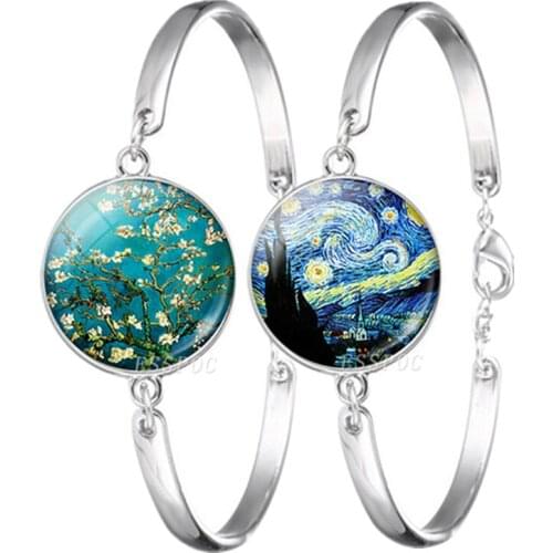 Van Gogh Jewelry Van Gogh Sunflowers Starry Night Iris Glass Cabochon Bracelet Silver Plated Wrist Bangle