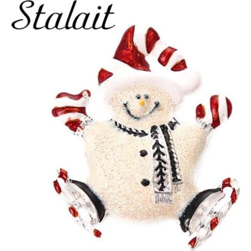 Red White Enamel Happy Snowman Skiing Brooch Pins Smile Snowman White Color Alloy Cartoon Brooch For Women Girl Christmas Gift