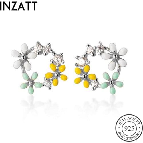 INZATT Real 925 Sterling Silver Zircon Flower Stud Earrings For Fashion Women Party Fine Jewelry Minimalist Cute Accessories