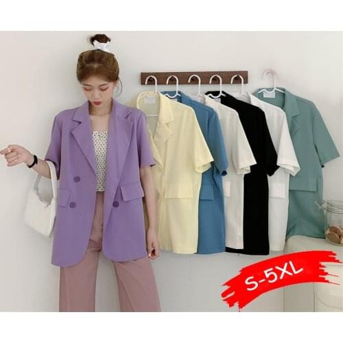 Summer Chic 2020 Korea Simple OL Women Office Ladies Fashion Short Sleeve Double Breasted Blazer Loose Purple Blazer 7Colors