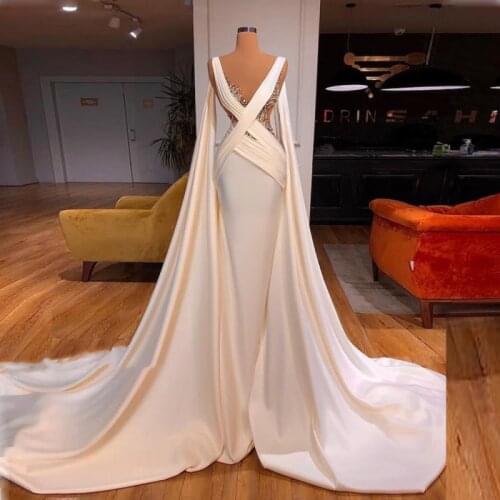 Elegant White Satin Evening Dresses Sheer Neck Beaded Sweep Train Prom Desses Saudi Arabia Robe De Soiree Zipper Back