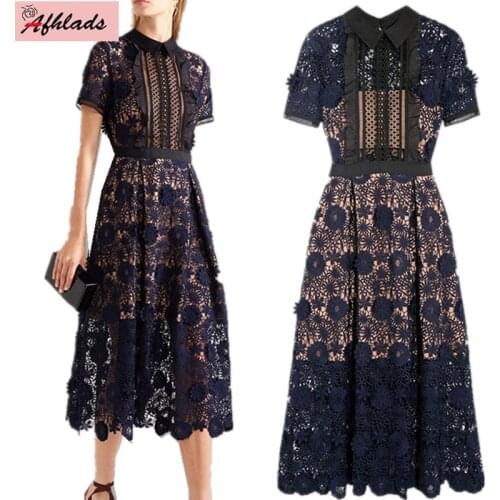 Short sleeve flower elegant hollow out Self-Portrait dresses designer 2018 high quality runway turn-down collar lace long dress