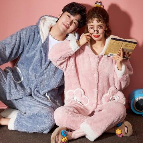 Winter Pajamas Loose Version Lady Sleepwear Flanner Men Pajama Nightdress Hooded Lovers Pajamas Contrast Color Woman женский
