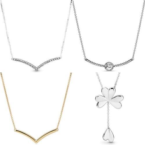 100% 925 Sterling Silver Shining Wish Timeless Elegance Lucky Four-leaf Clover Pan Necklace For Christmas gift Fine Jewelry