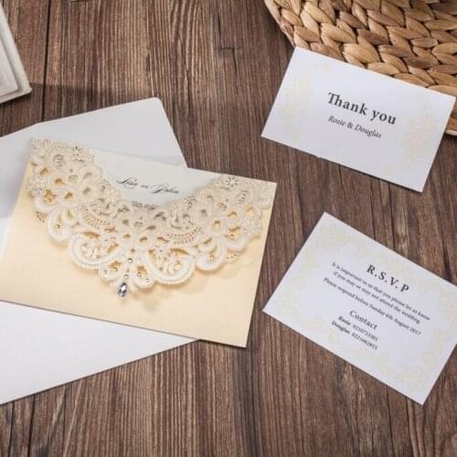 100pcs Champagne gold Laser Cut Wedding Invitation Cards With drill Flowers laser Customizable CW6115