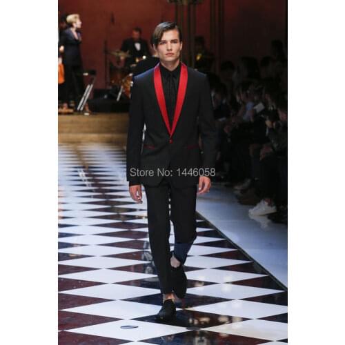 2018 New Arrival Red Shawl Lapel Slim Fit Black Groom Tuxedos Suit Wedding Business Party Groomsman Men Suits ( Jacket+Pants+Bow