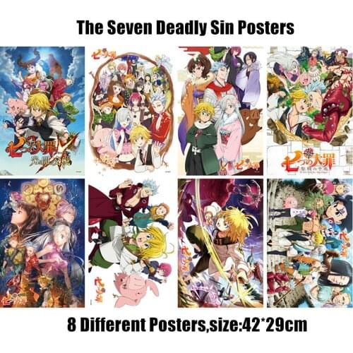 8 pcs/lot Anime The Seven Deadly Sins Poster Toy Meliodas Liones Hawk Diane Ban Sticker Comic Wall Pictures A3 Posters