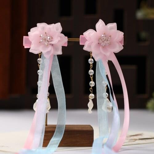 Ancient Chinese Style Costume Hair Accessories Tassel Ribbon Hairpin Handmade Pink Flower Hanfu Retro Hair Decoration BN