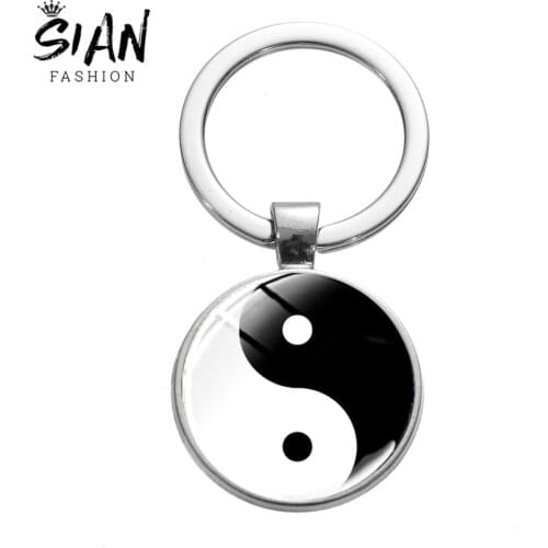 SIAN Simple Ancient Yin Yang Symbol Keychain Eight Diagrams Tai Ji Art Pattern Glass Cabochon Pendant Key Chain Ring Men Jewelry