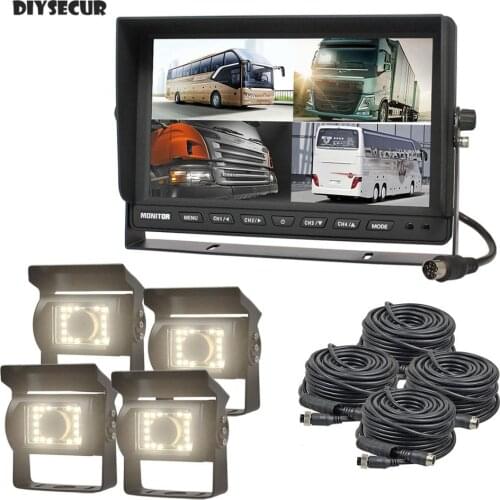 DIYSECUR 10.1Inch 4 Split QUAD Car Monitor + 4 x CCD IR Night Vision Rear View Car Camera for Car Truck Bus Reversing Camera