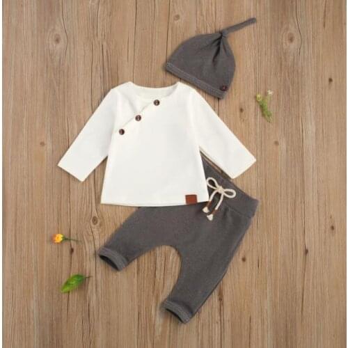 Baby Boys Cotton Clothes Set Retro Slant Buttons Round Neck Long Sleeve T shirt Pants Round Hat 3pcs Boys Clothes