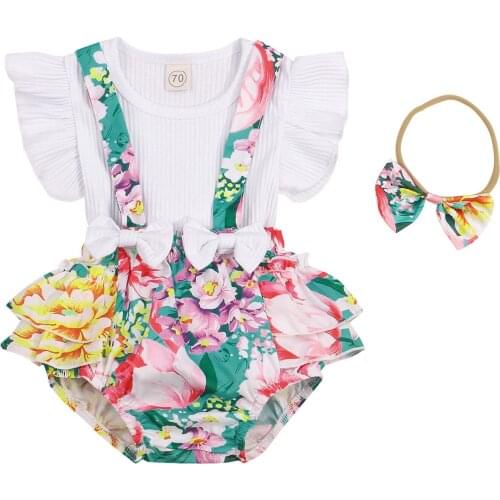 3 Pcs Newborn Baby Girl Clothes Summer Set Ribbed Fly Sleeve Round Neck T-shirt + Flower Suspender Pants + Bowknot Headband