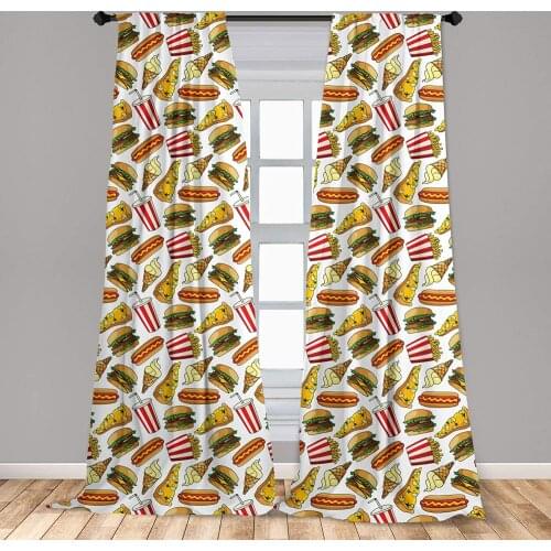 Red Beige Food Curtains Fun Fast Food Cartoon Hot Dog Hamburger Pizza Slice Ice Cream Window Treatments for Living Room Bedroom