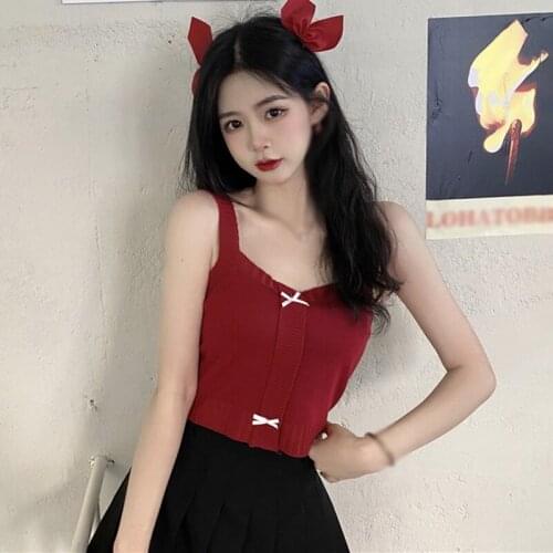 Summer Womens Tanks Tops Solid Color Bow Slim Sweet Expose Navel Camisole Knitting Female